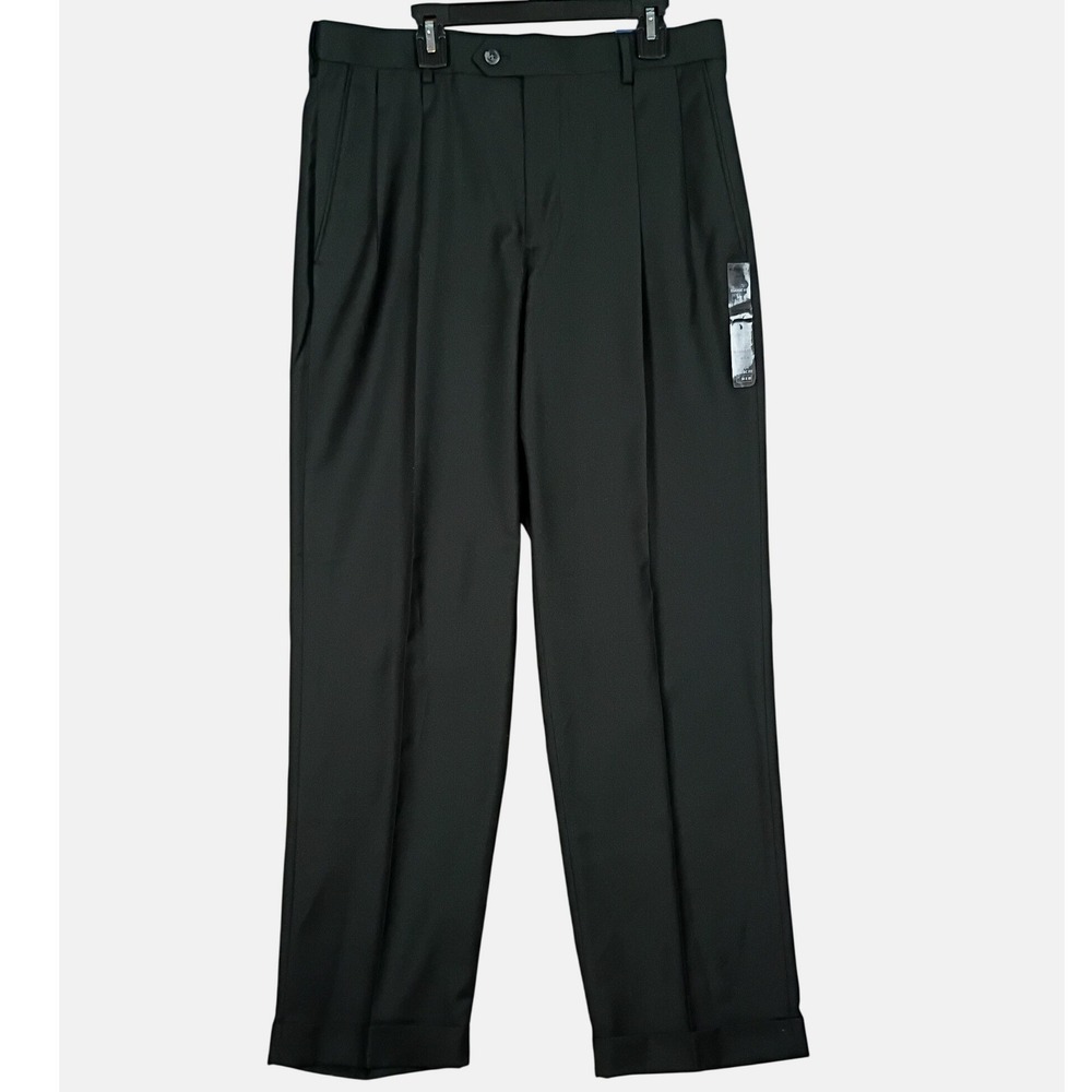 Croft &‎ Barrow Dress Pant Pleated Men 34x30 Black Expandable Classic Fit Cuffed